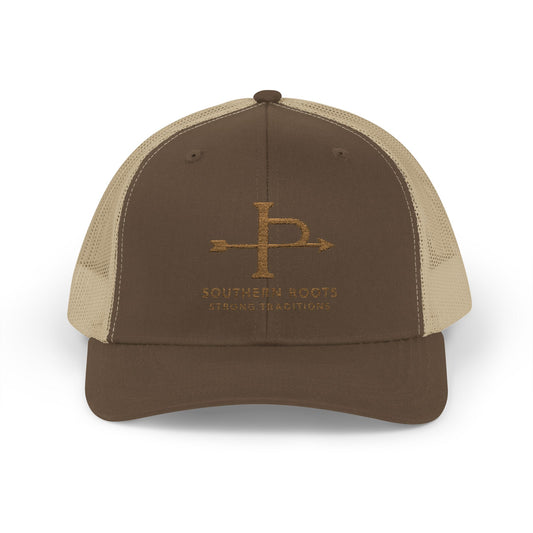Embroidered Leather Patch Trucker Cap — Rustic Brown Snapback
