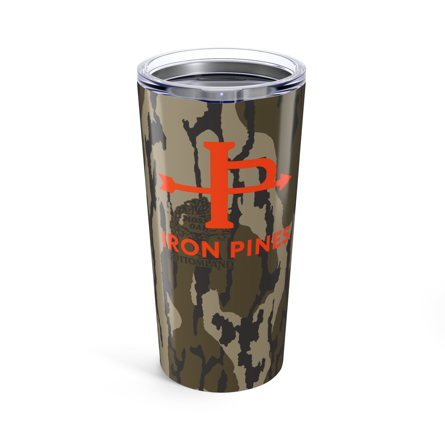 Iron Pines™ 20 oz Insulated Tumbler – Camo w/ Blaze Orange Brand