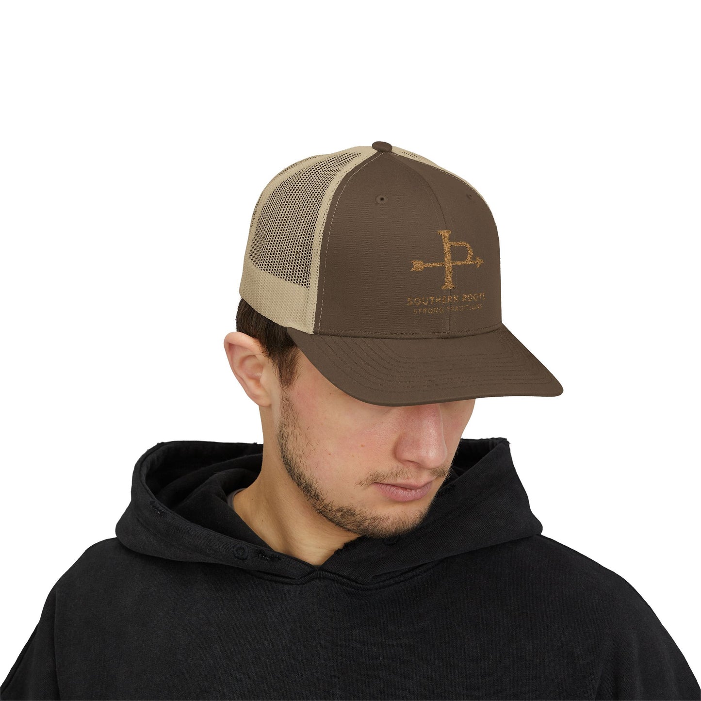 Embroidered Leather Patch Trucker Cap — Rustic Brown Snapback