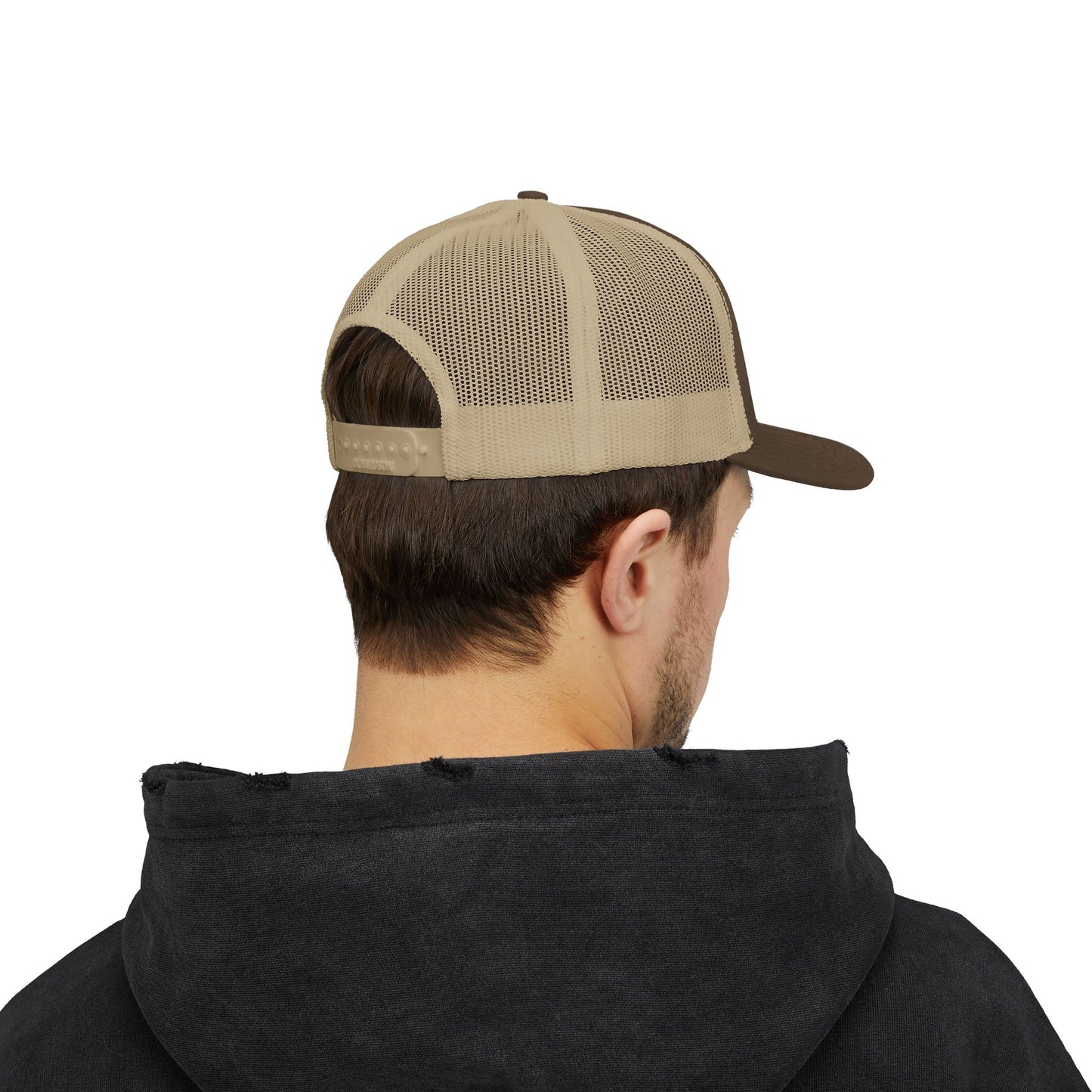 Embroidered Leather Patch Trucker Cap — Rustic Brown Snapback